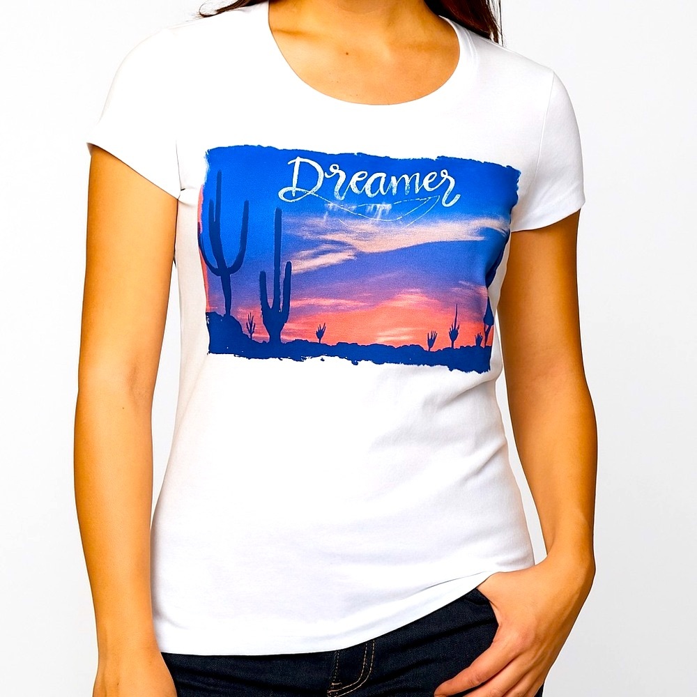 Dreamer Desert Sunset Graphic Tee Women’s White Fitted Cactus T-Shirt